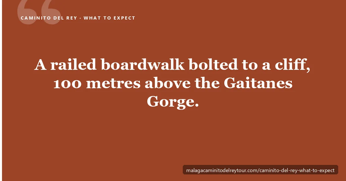 The Caminito del Rey boardwalk, a railed walkway bolted to the cliff 100 metres above the Gaitanes Gorge