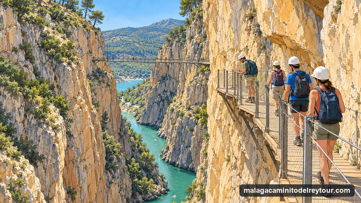Illustration: walkers with helmets on a wooden boardwalk fixed to a sheer limestone wall in the Gaitanes Gorge, the river far below and a hanging footbridge across the gorge