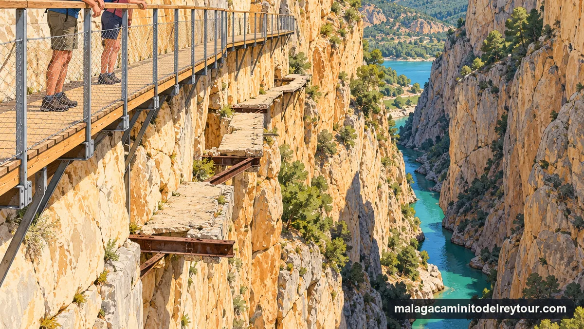 Illustration: a modern wooden boardwalk with walkers in helmets fixed to a sheer limestone gorge wall, and below it the broken remains of the old concrete path and its rusted steel beams